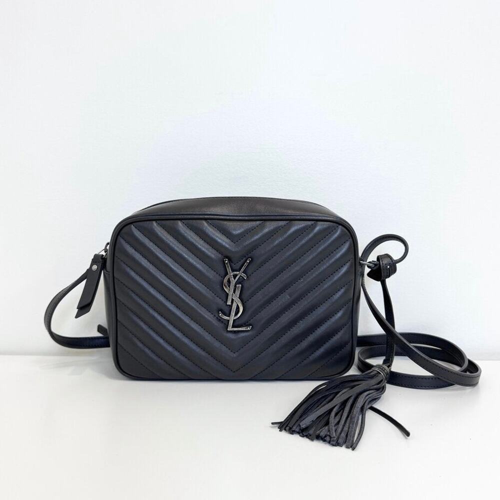 SAINT LAURENT Gray Leather Chevron Lou Camera Bag Tassel Silver YSL Crossbody